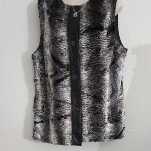 Ellen Tracy Black and Gray Faux Fur Button Down Vest